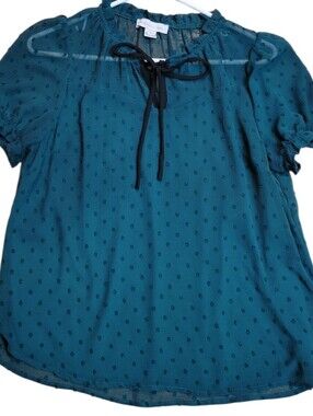 Monteau Teal Puff-Sleeve Blouse with Tie Neck